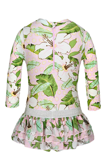 Hibiscus Botanical Pink Girls Long Sleeve One Piece & Tutu Swimsuit Set
