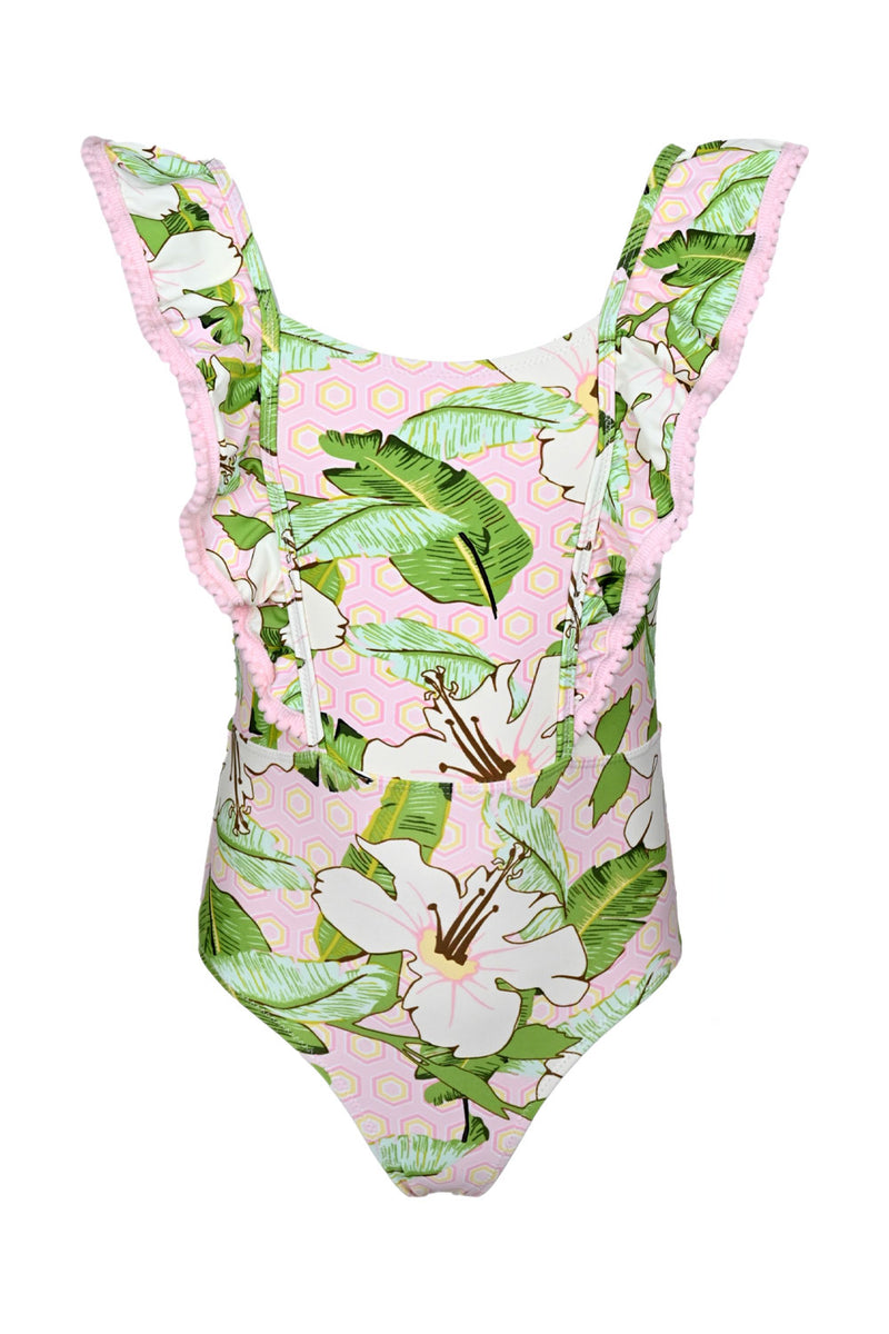 Hibiscus Botanical Pink Girls Ruffle One Shoulder One Piece Swimsuit