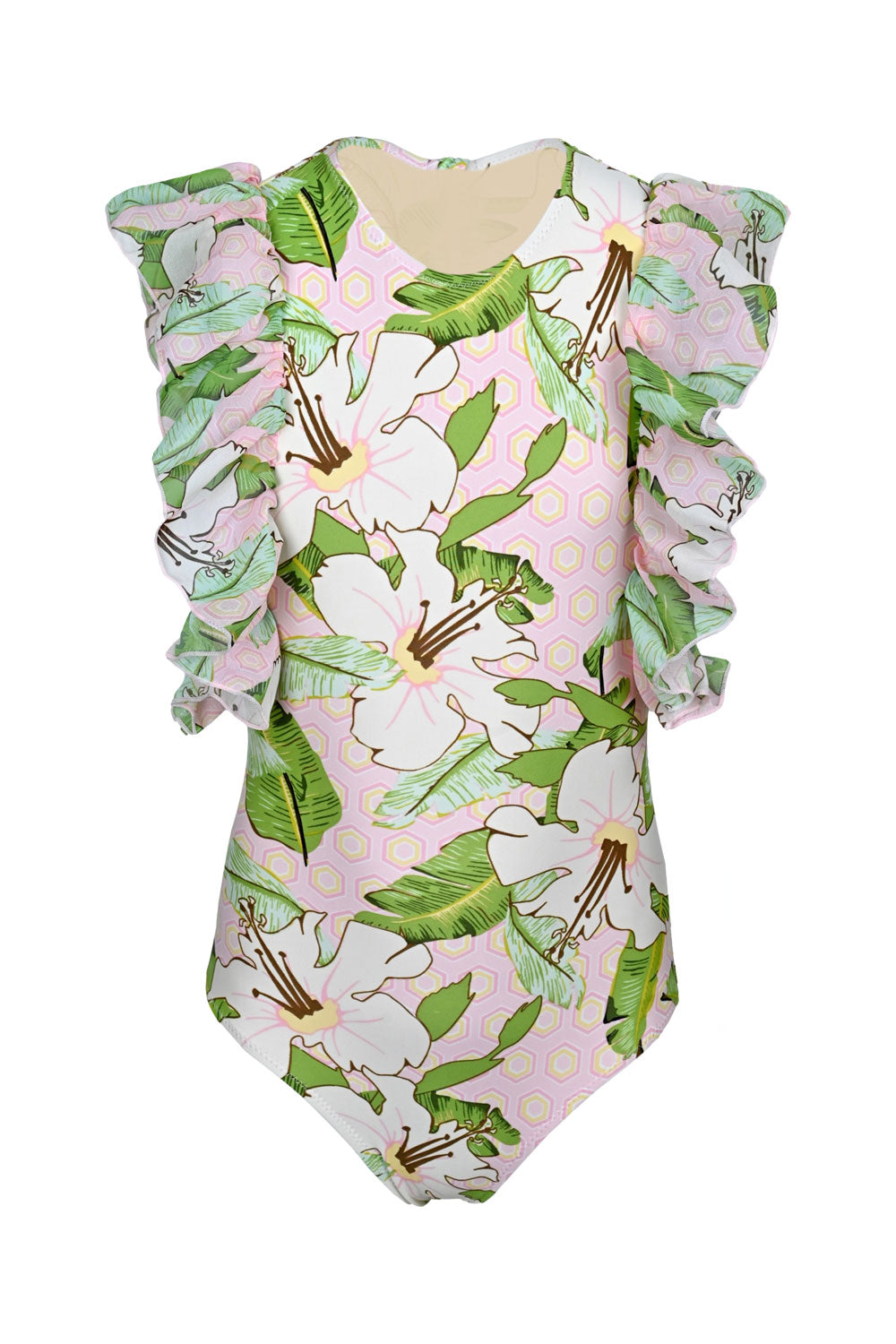 Hibiscus Botanical Pink Girls Tulle Sleeve One Piece Swimsuit