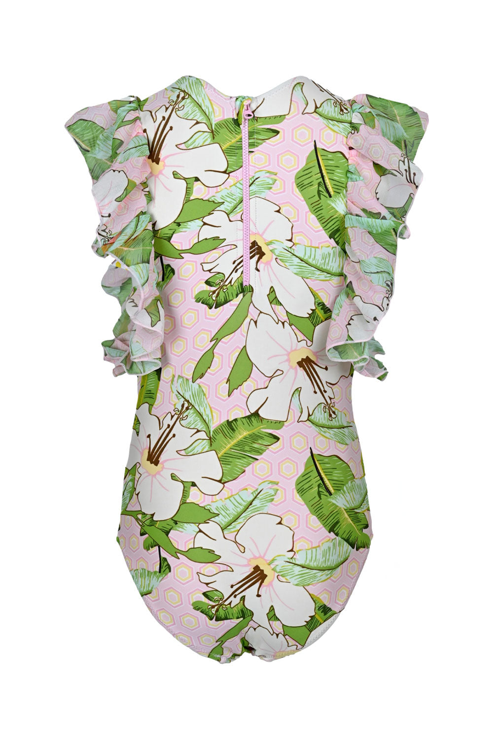 Hibiscus Botanical Pink Girls Tulle Sleeve One Piece Swimsuit