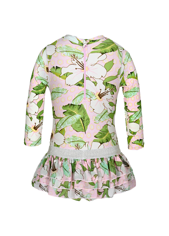 Hibiscus Botanical Pink Girls Long Sleeve One Piece & Tutu Swimsuit Set - Bikini