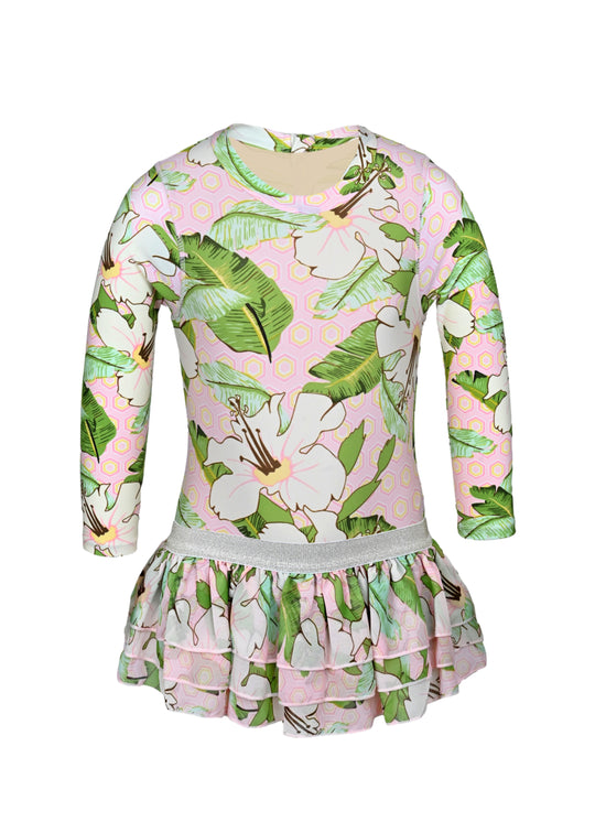 Hibiscus Botanical Pink Girls Long Sleeve One Piece & Tutu Swimsuit Set - Bikini