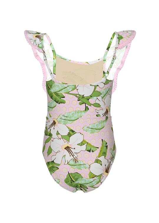 Hibiscus Botanical Pink Girls Ruffle One Shoulder One Piece Swimsuit - One Piece