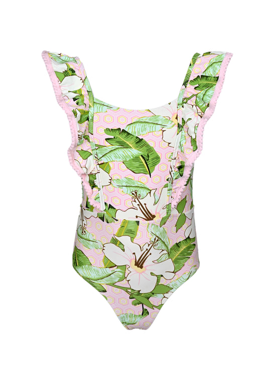 Hibiscus Botanical Pink Girls Ruffle One Shoulder One Piece Swimsuit - One Piece