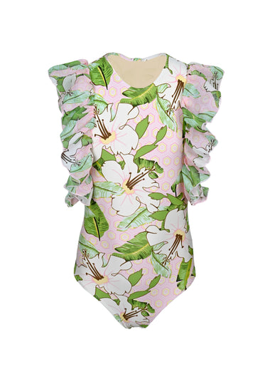 Hibiscus Botanical Pink Girls Tulle Sleeve One Piece Swimsuit - One Piece