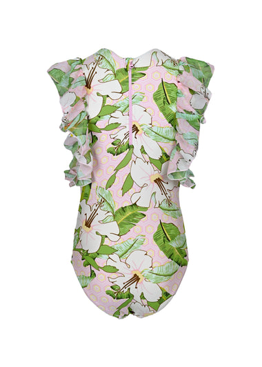 Hibiscus Botanical Pink Girls Tulle Sleeve One Piece Swimsuit - One Piece
