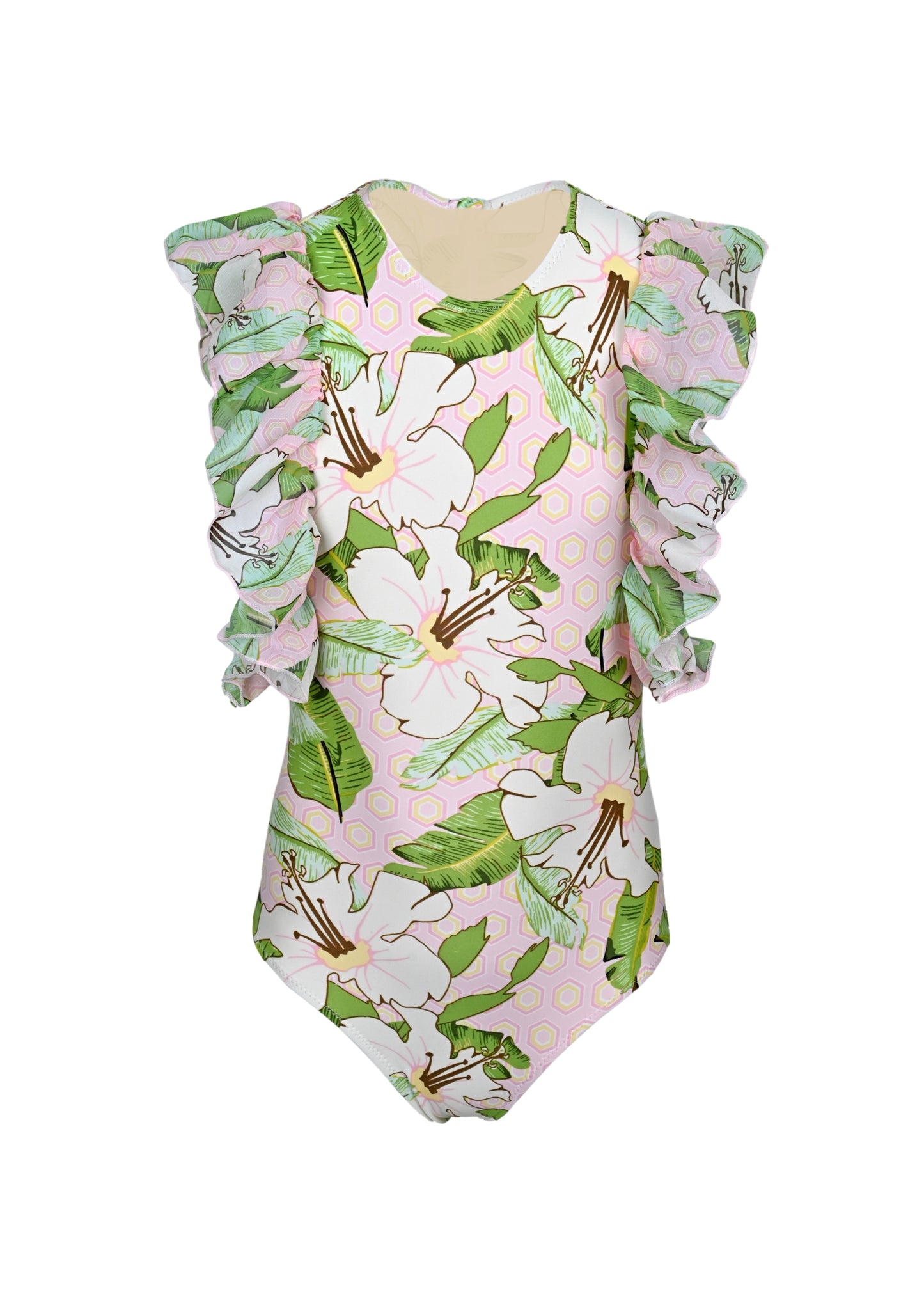 Hibiscus Botanical Pink Girls Tulle Sleeve One Piece Swimsuit - One Piece