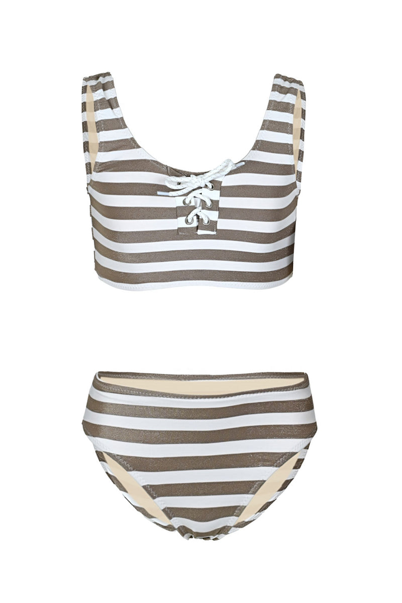 Neutral Gold Stripe Girls Shimmer Lace Up Bikini
