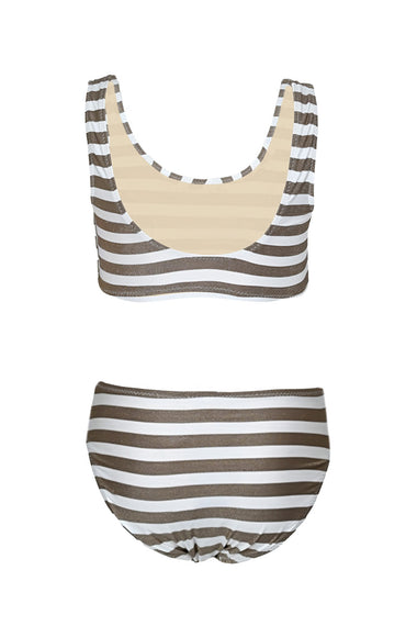 Neutral Gold Stripe Girls Shimmer Lace Up Bikini