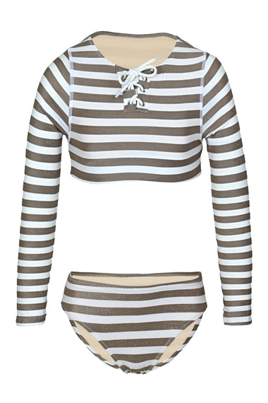 Neutral Gold Stripe Girls Lace Up Cropped Rashguard Swim Set