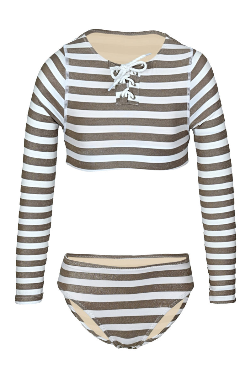 Neutral Gold Stripe Girls Lace Up Cropped Rashguard Swim Set