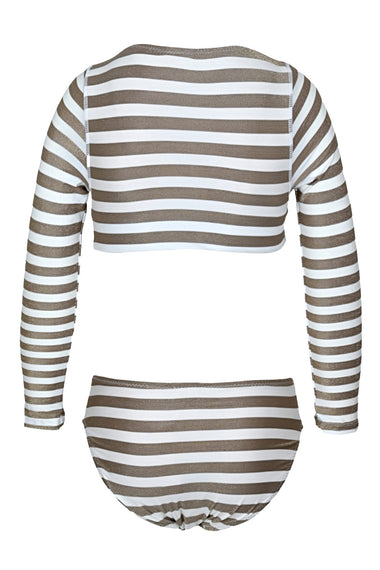 Neutral Gold Stripe Girls Lace Up Cropped Rashguard Swim Set
