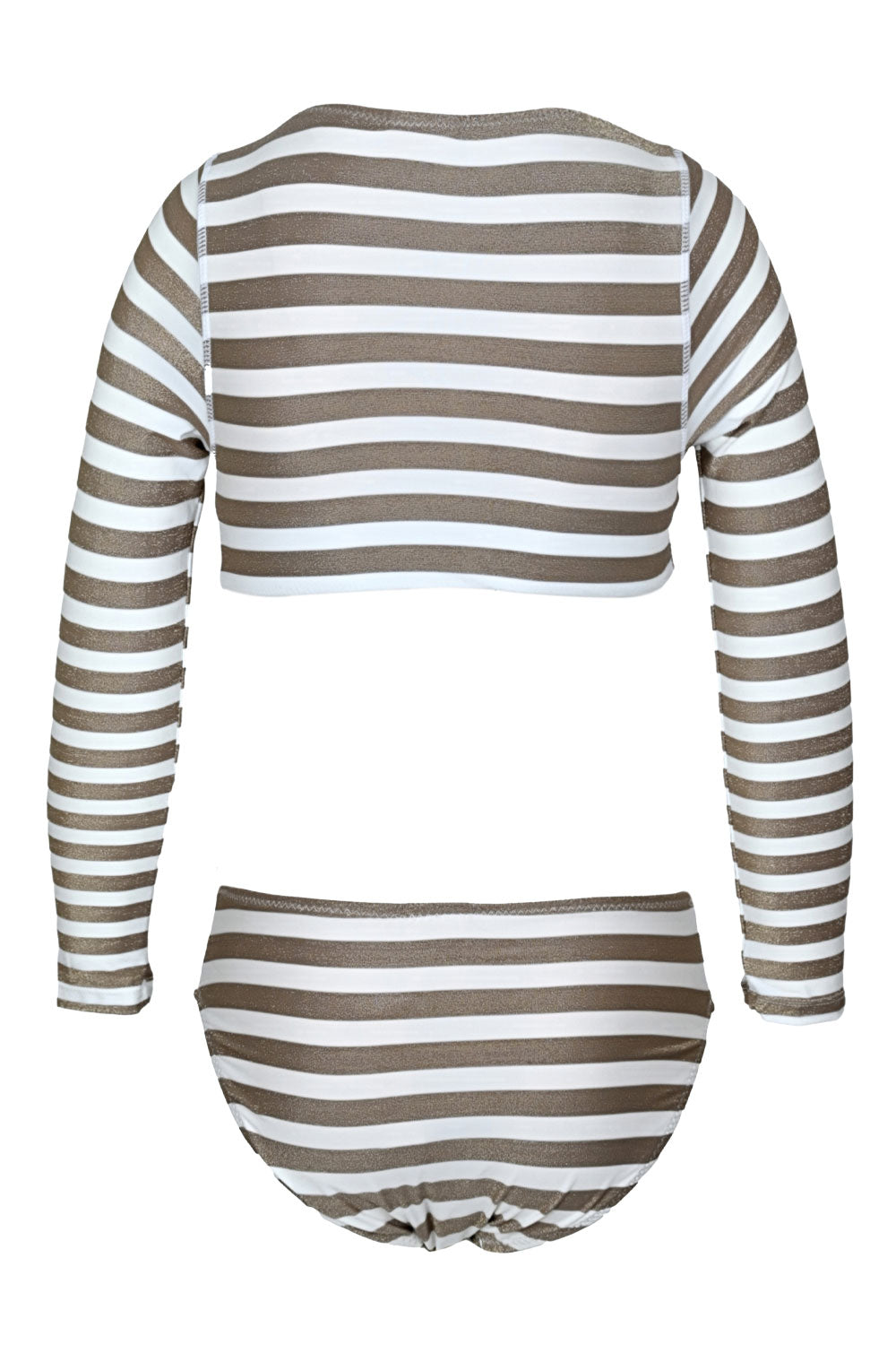 Load image into Gallery viewer, Neutral Gold Stripe Girls Lace Up Cropped Rashguard Swim Set
