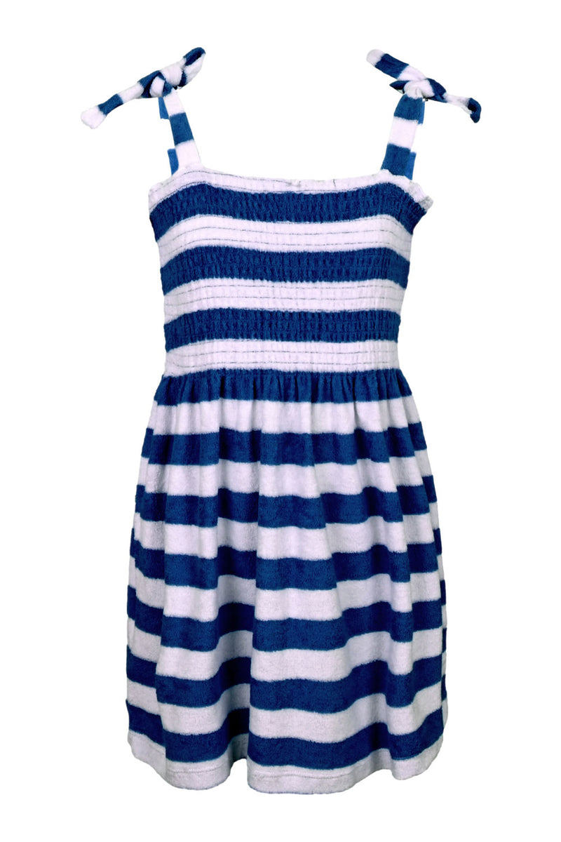 Navy Stripe Girls Terry Smocked Tie Top Dress