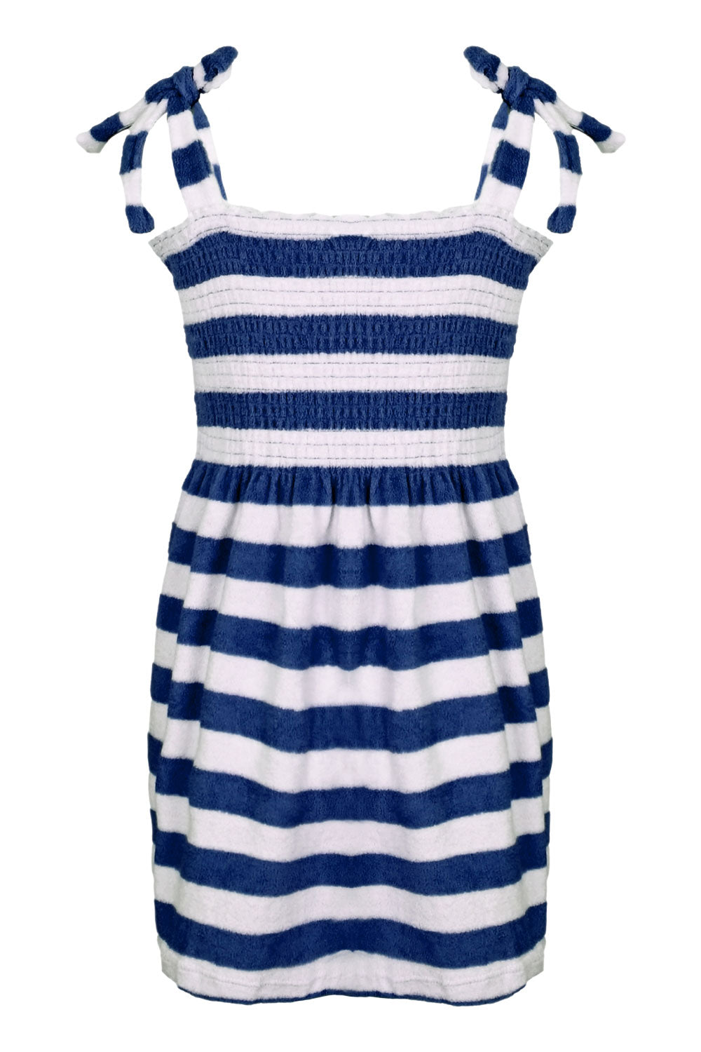 Load image into Gallery viewer, Navy Stripe Girls Terry Smocked Tie Top Dress
