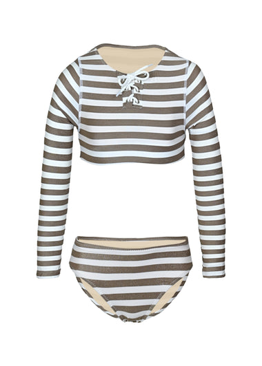 Neutral Gold Stripe Girls Lace Up Cropped Rashguard Swim Set - Bikini