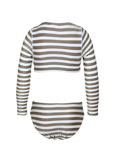 Neutral Gold Stripe Girls Lace Up Cropped Rashguard Swim Set - Bikini