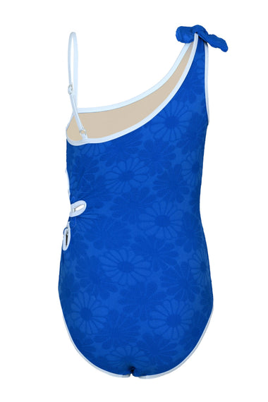 Royal Blue Floral Girls Textured One Shoulder One Piece