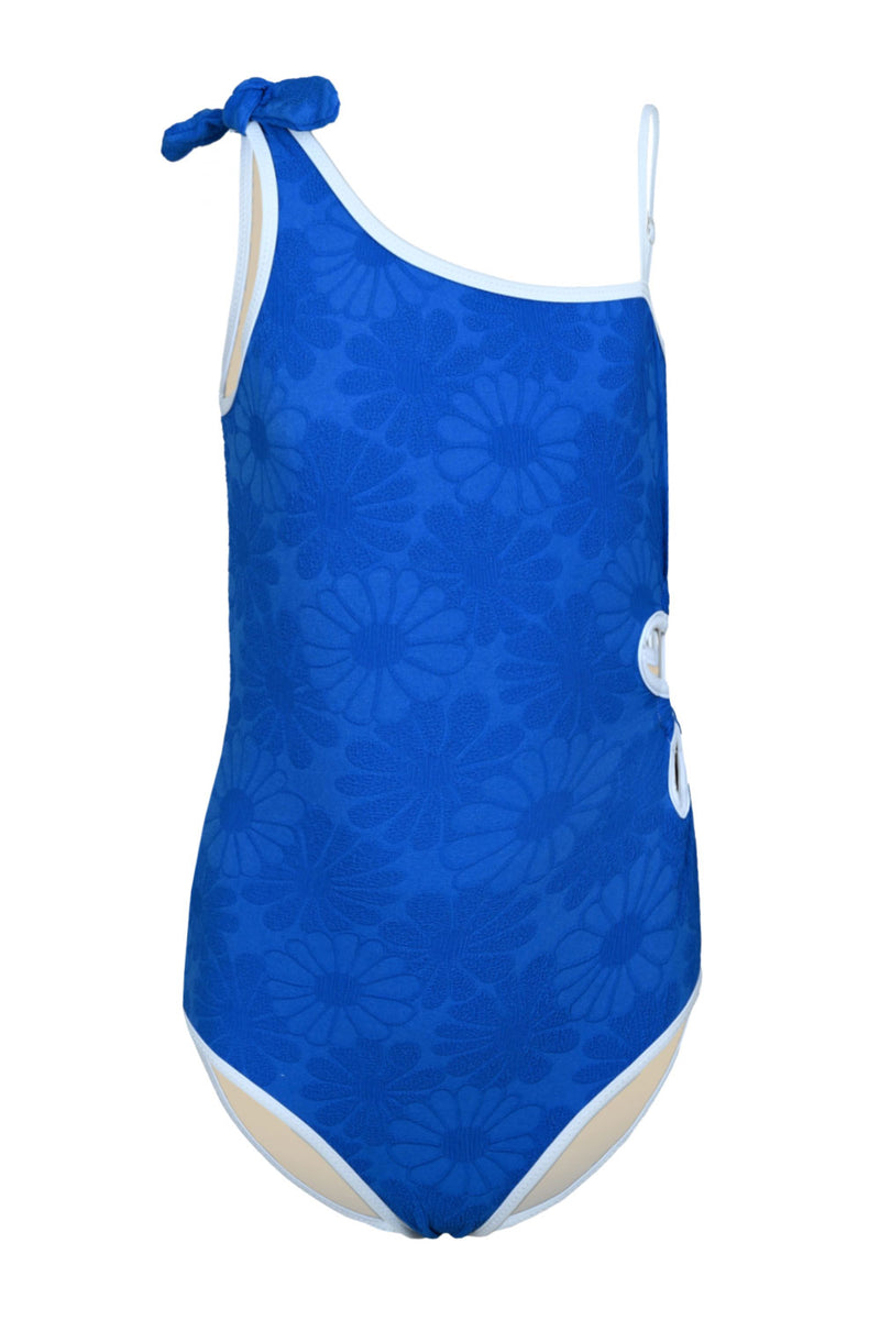 Royal Blue Floral Girls Textured One Shoulder One Piece
