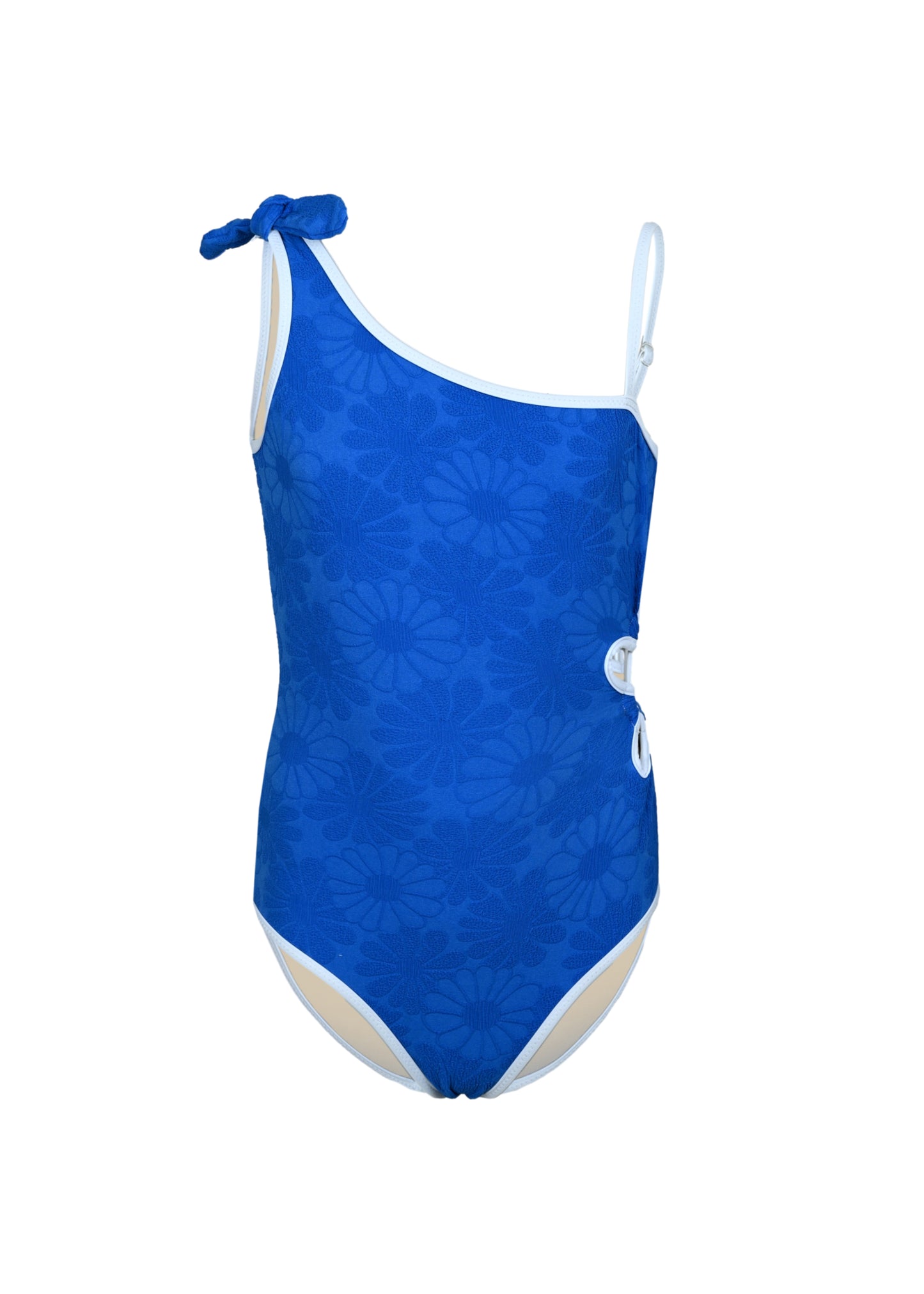 Royal Blue Floral Girls Textured One Shoulder One Piece - One Piece