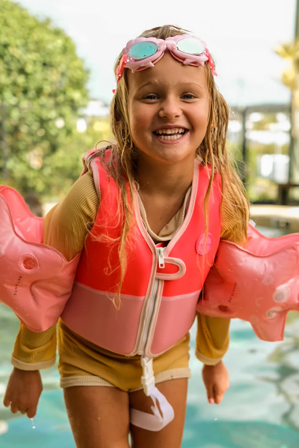 Load image into Gallery viewer, Melody the Mermaid Swim Vest Neon Strawberry
