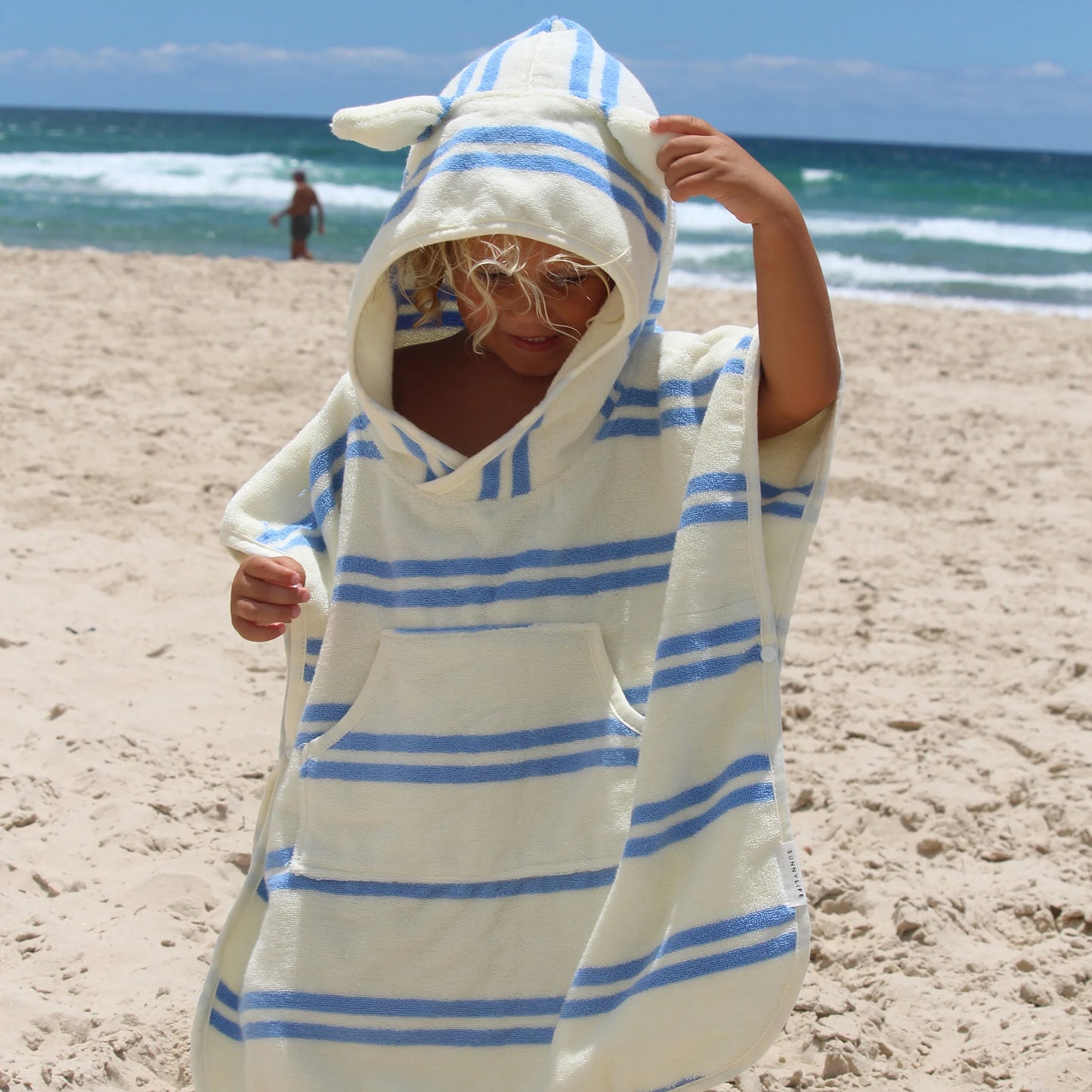 Load image into Gallery viewer, Kids Character Hooded Towel Sid the Seagull Blue Stripe
