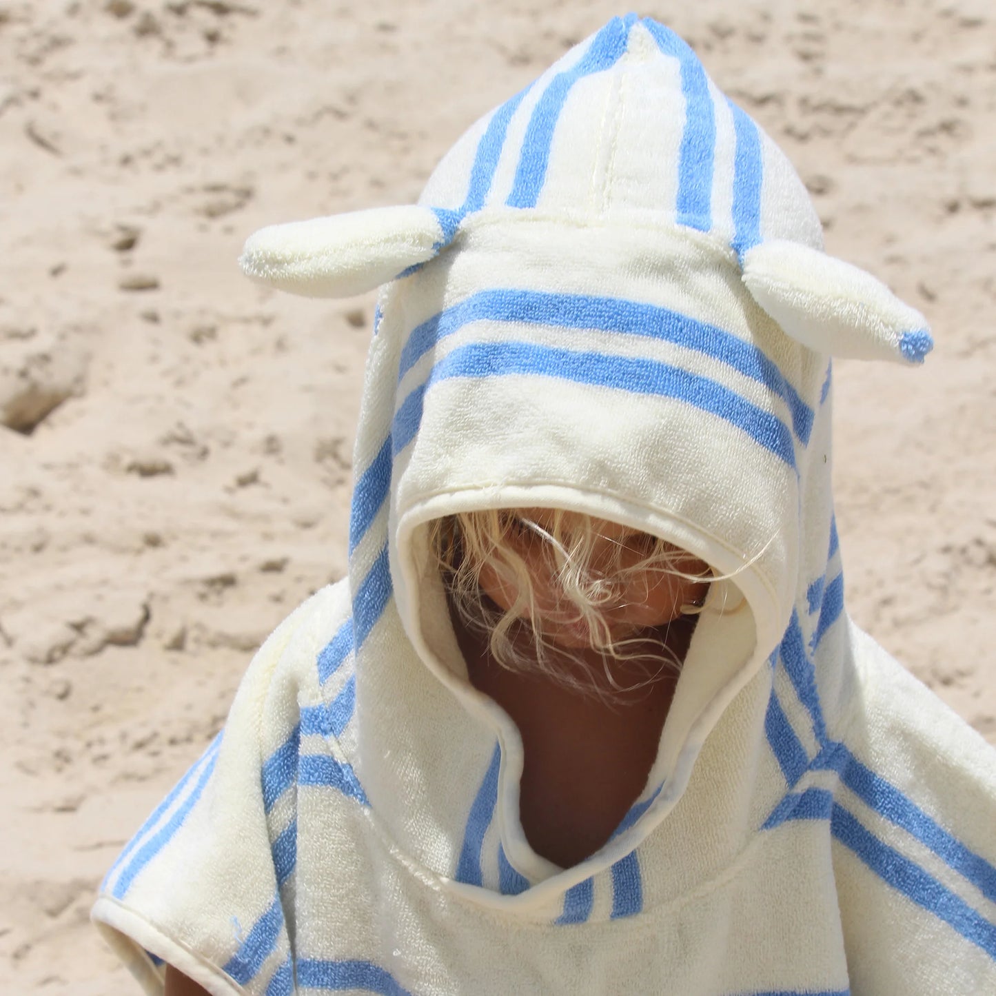 Load image into Gallery viewer, Kids Character Hooded Towel Sid the Seagull Blue Stripe
