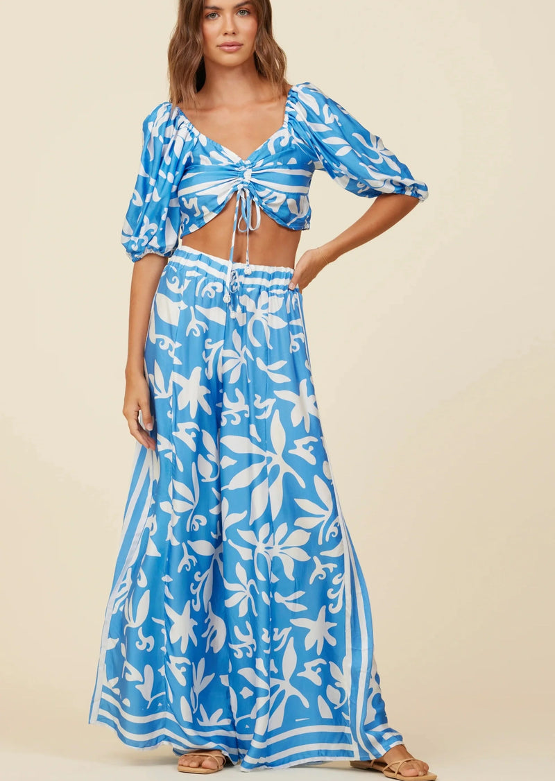 Summer Breeze Print Satin Top Blue