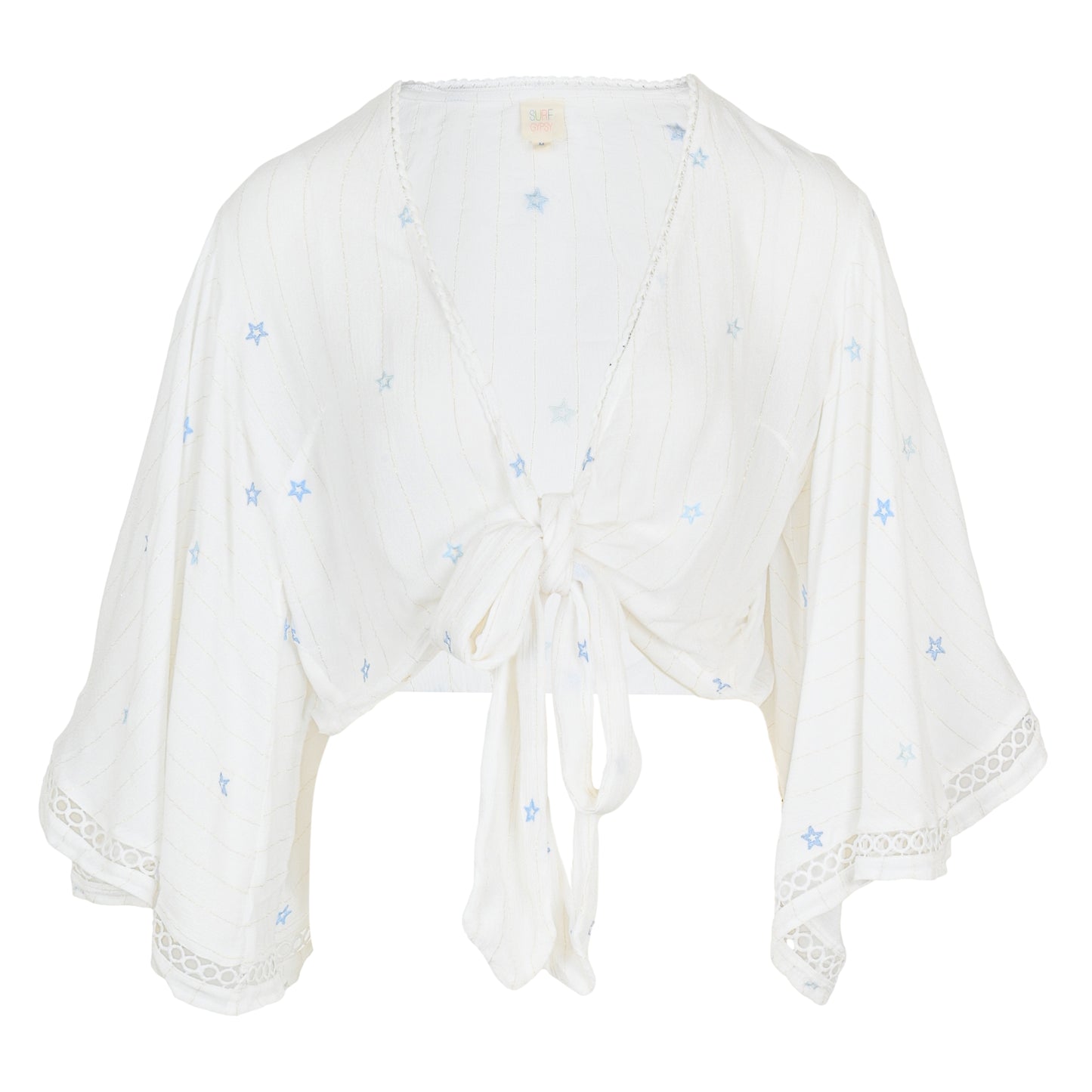 Load image into Gallery viewer, Ivory/Tonal Blue Stars Lurex Stripe Star Crop Top - Top
