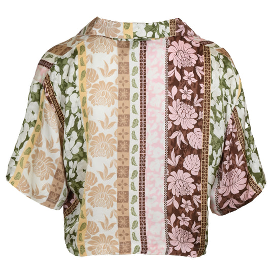 Pacific Tropical Satin Printed Cropped Button Up - Top