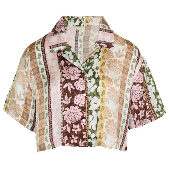 Pacific Tropical Satin Printed Cropped Button Up - Top