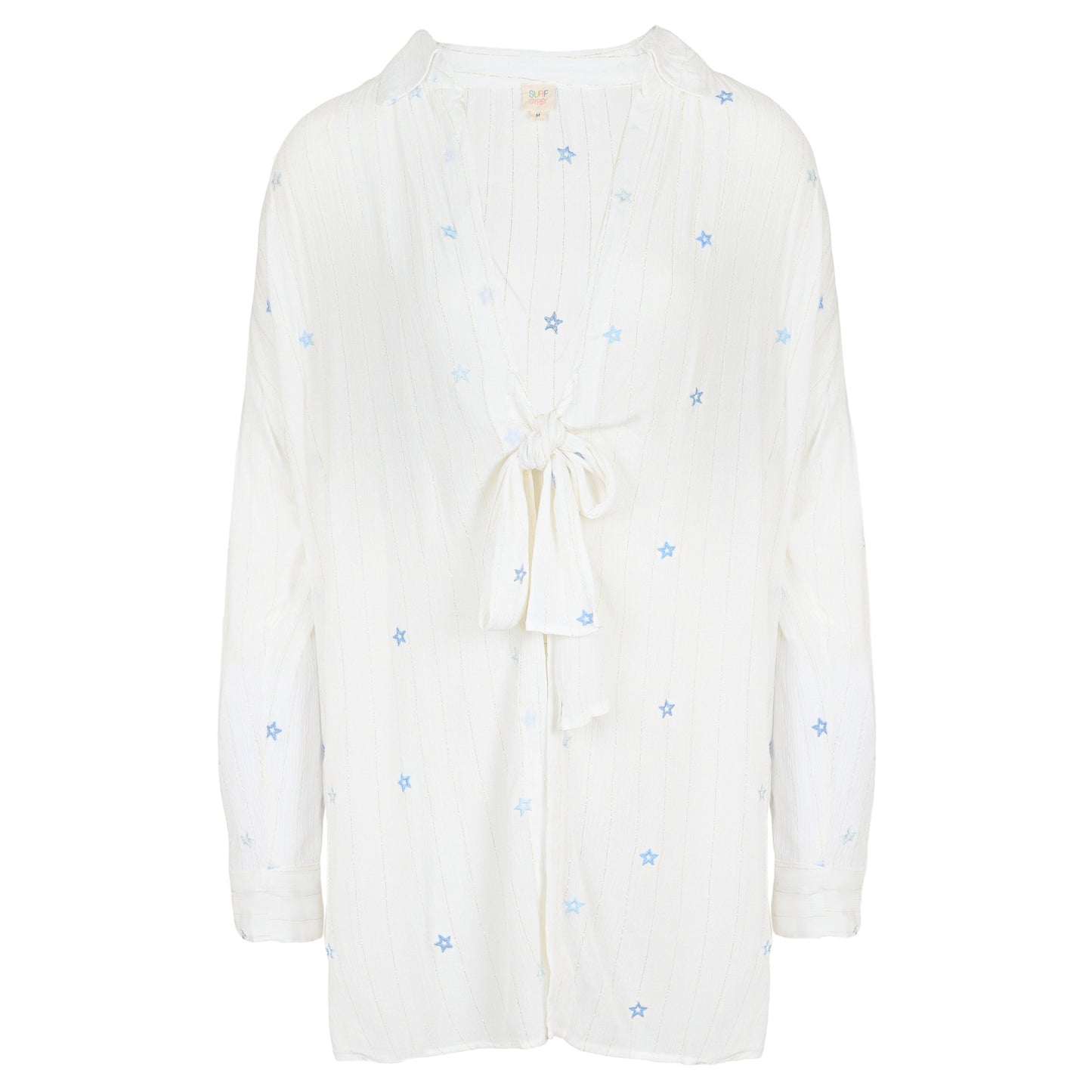 Load image into Gallery viewer, Ivory/Tonal Blue Stars Lurex Stripe Star Cover Up - Cover Up
