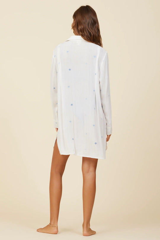 Load image into Gallery viewer, Ivory/Tonal Blue Stars Lurex Stripe Star Cover Up - Cover Up
