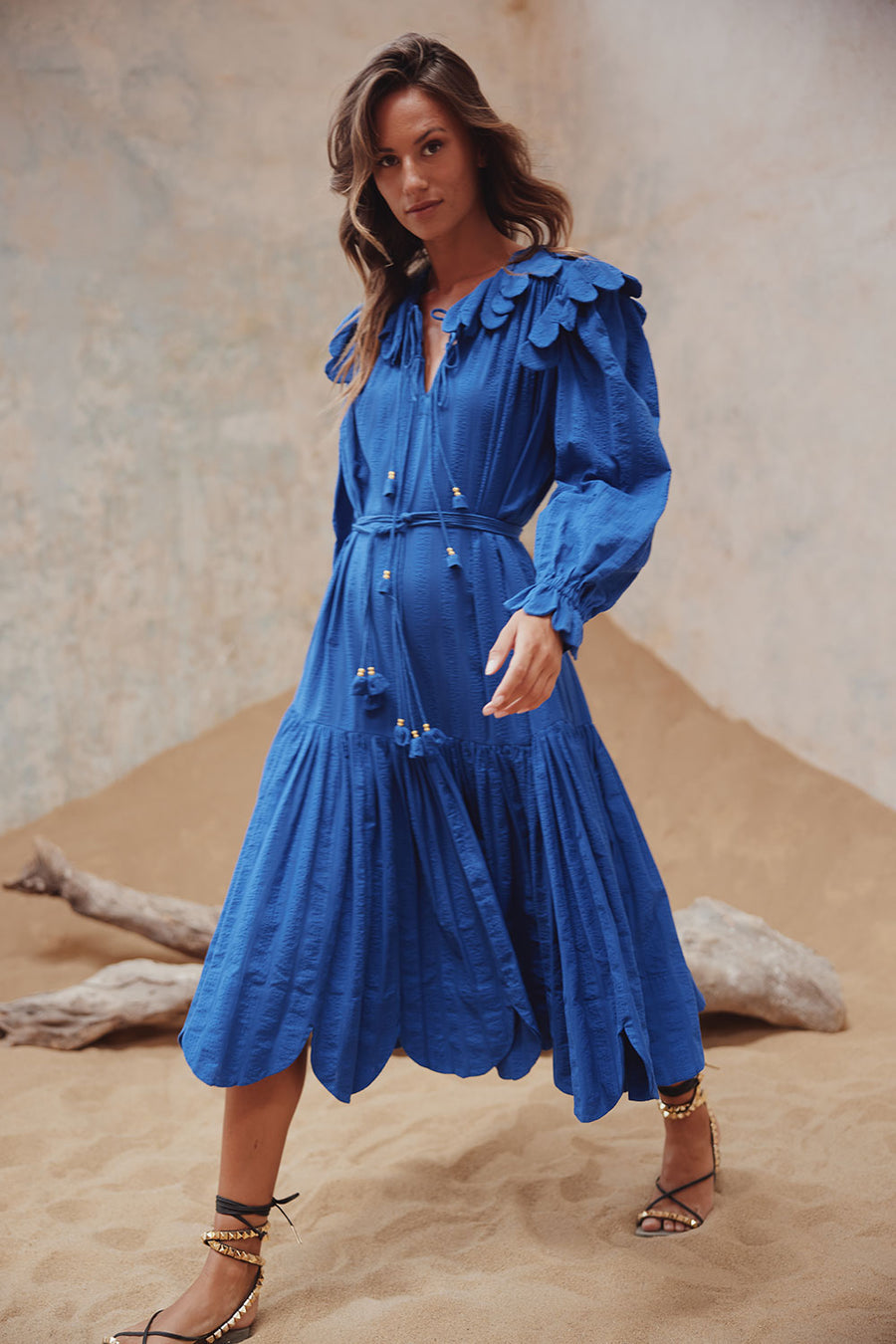 Load image into Gallery viewer, Gillian Scallop Midi Dress Sapphire Blue - Dress
