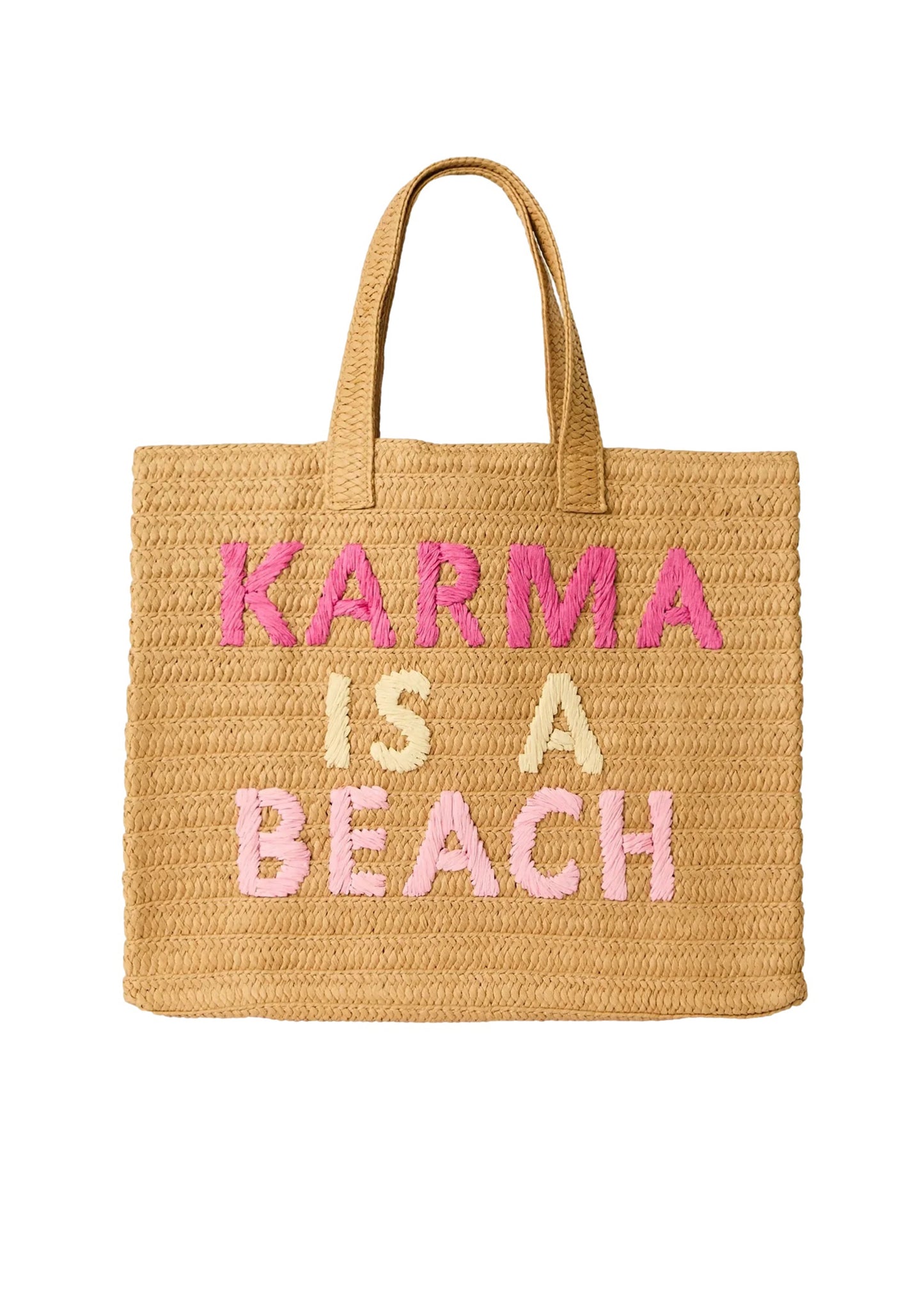 Load image into Gallery viewer, Karma Is A Beach Tote Bag Sand/Fuchsia
