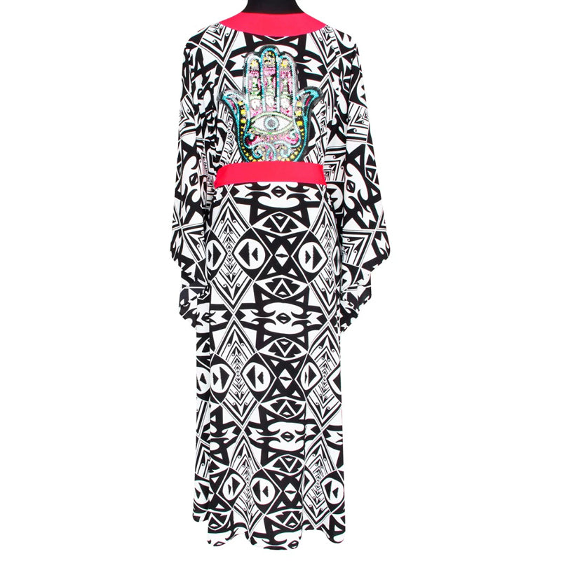 Load image into Gallery viewer, Tulum Tribal Kimono Hamsa Neon Coral Long - Kimono
