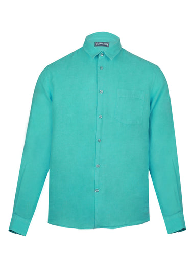 Men Linen Shirt Solid Vert