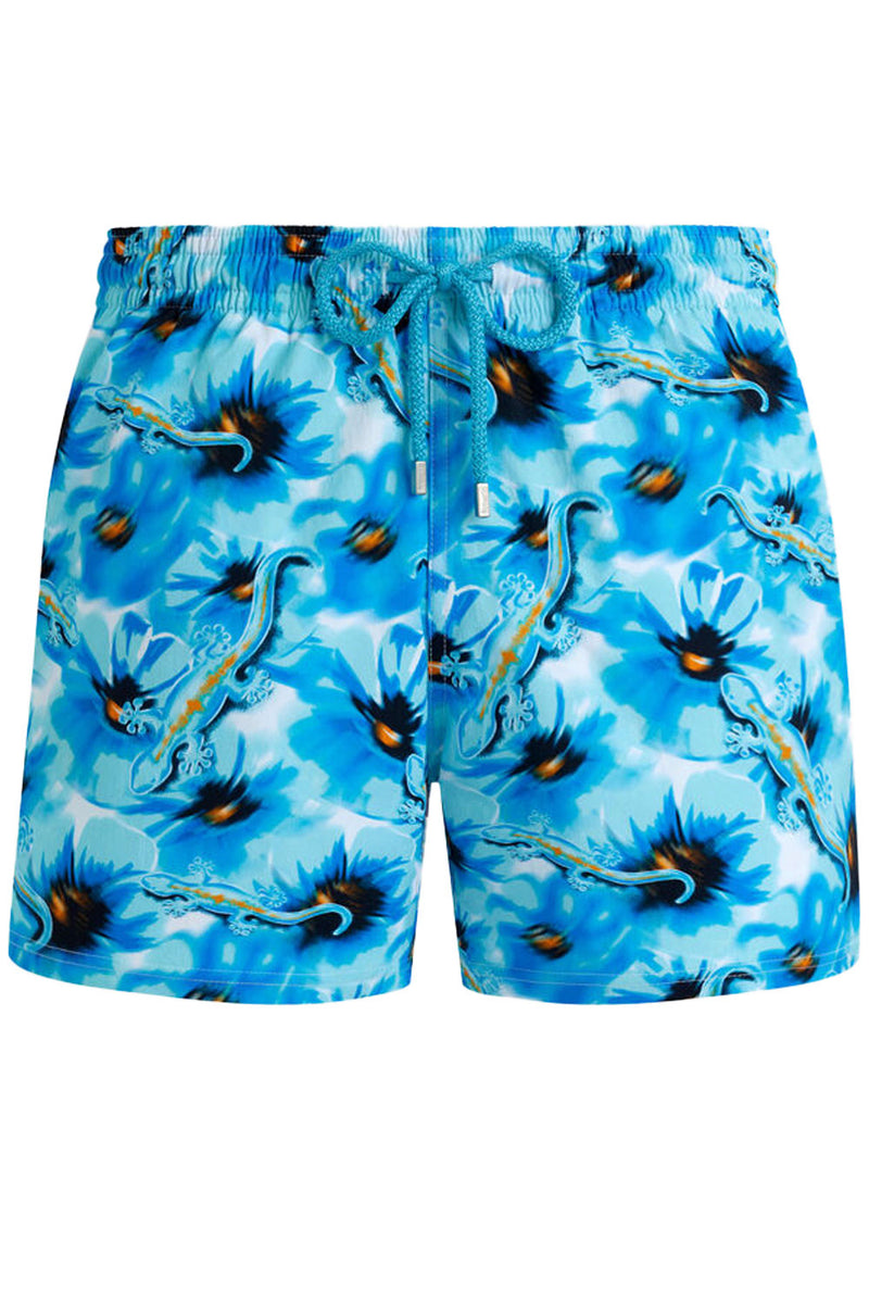 Men Stretch Short Swim Shorts Poppies and Geckos