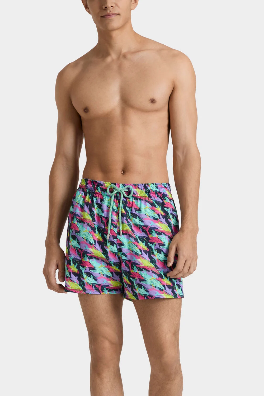 Load image into Gallery viewer, Men Stretch Short Swim Shorts Whales Offset Navy
