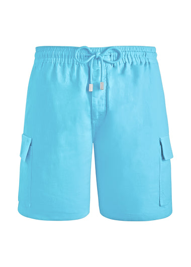 Men Linen Bermuda Shorts Cargo Pockets In Santorini Blue - Shorts