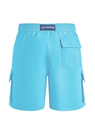 Men Linen Bermuda Shorts Cargo Pockets In Santorini Blue - Shorts