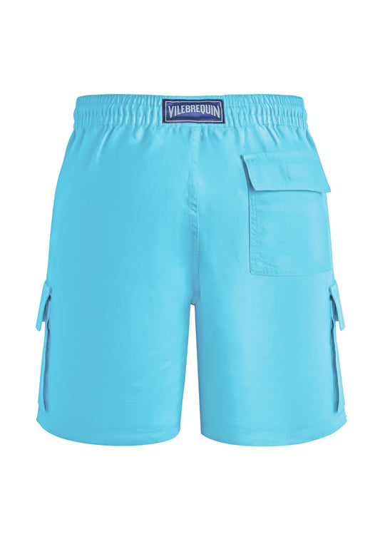 Men Linen Bermuda Shorts Cargo Pockets In Santorini Blue - Shorts