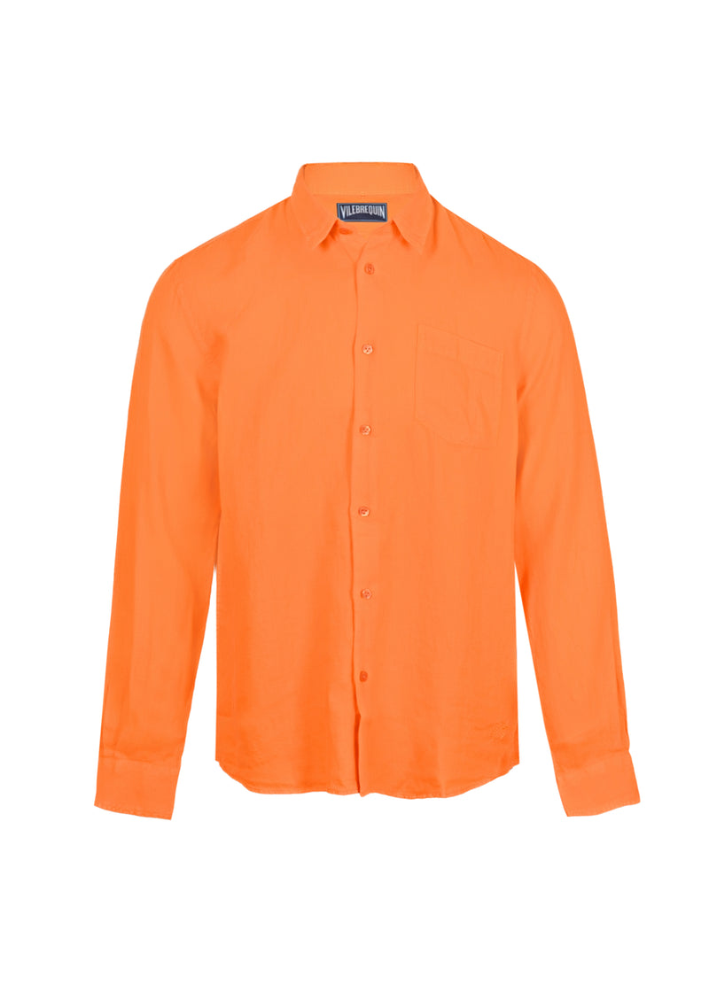 Caroubis Solid Apricot Long Sleeve Linen Shirt