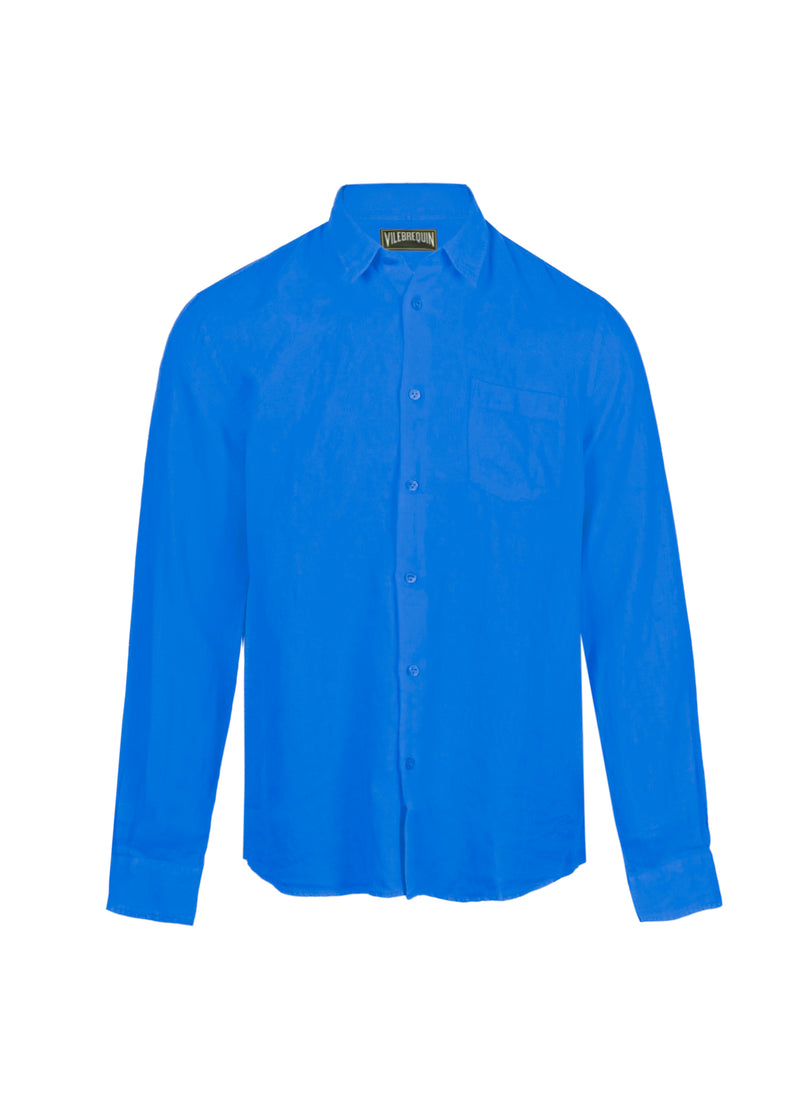 Caroubis Solid Palace Blue Long Sleeve Linen Shirt