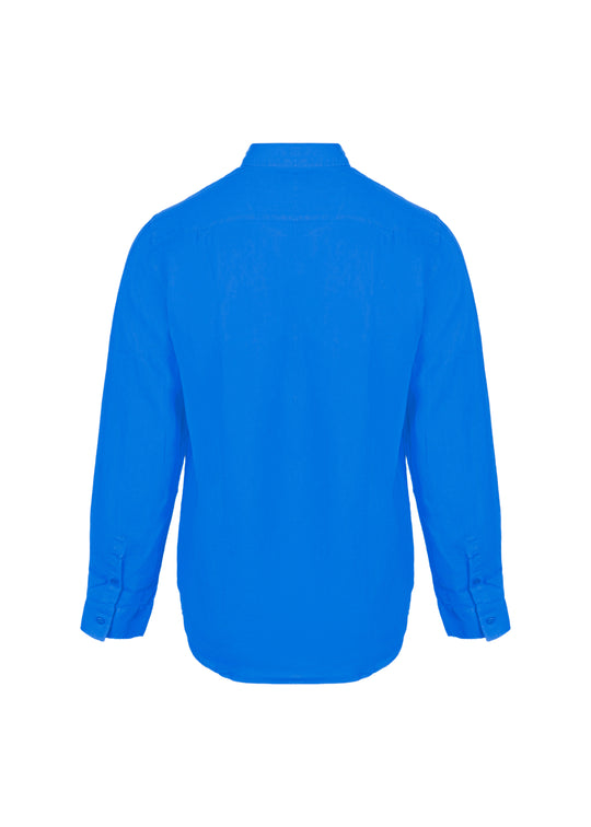 Caroubis Solid Palace Blue Long Sleeve Linen Shirt - Long Sleeve Shirt
