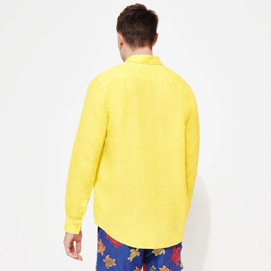 Caroubis Yellow Gingem Linen Shirt - Long Sleeve Shirt