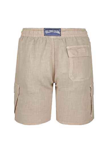 Men Linen Bermuda Short Cargo Pockets Safari Beige - Linen Shorts