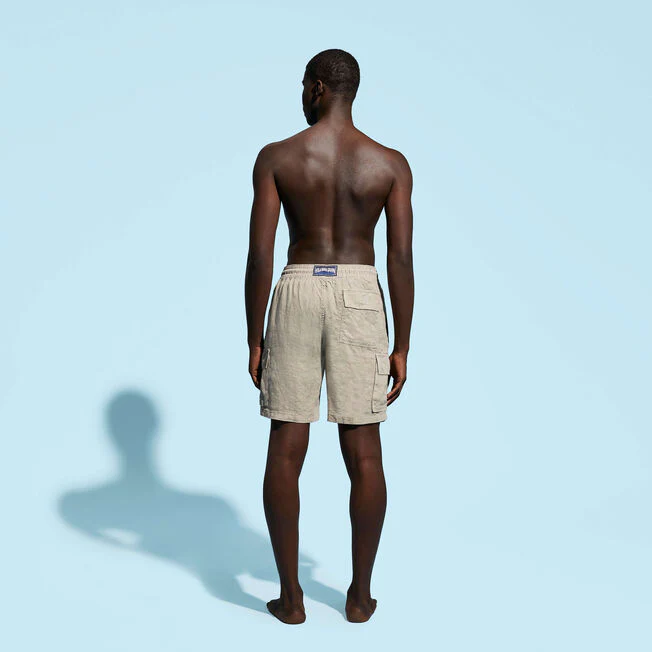 Load image into Gallery viewer, Men Linen Bermuda Short Cargo Pockets Safari Beige - Linen Shorts
