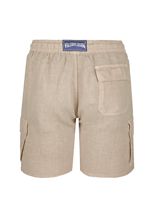 Men Linen Bermuda Short Cargo Pockets Safari Beige - Linen Shorts