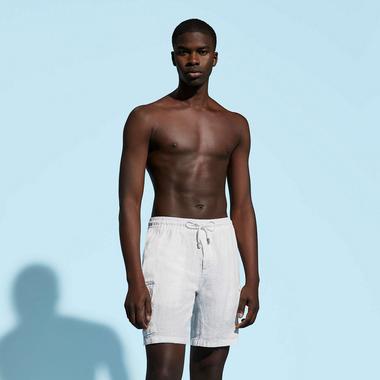 Men Linen Bermuda Short Cargo Pockets White - Shorts